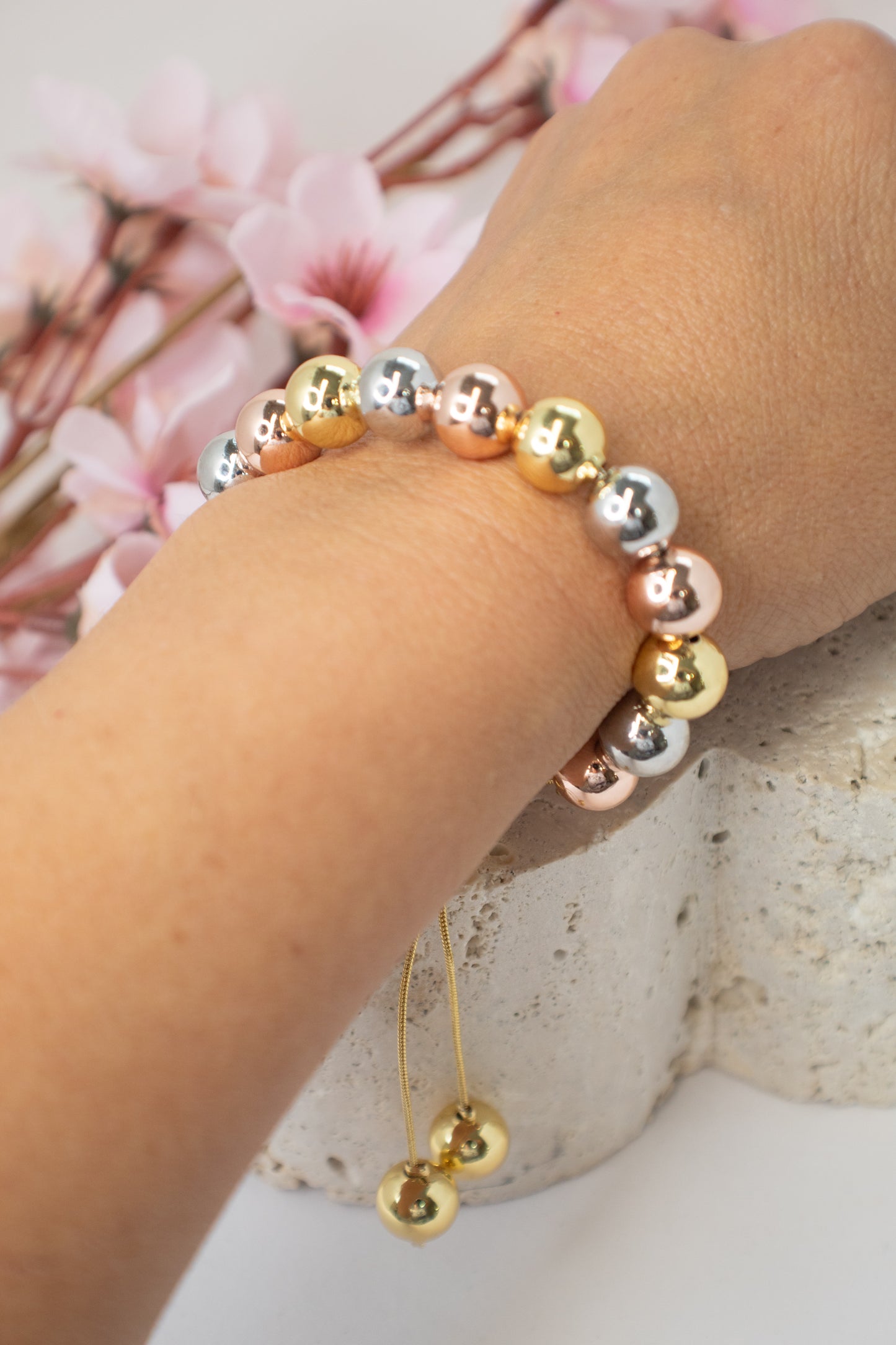 Tricolor Gold, Silver, and Rose Adjustable Beaded Bracelet
