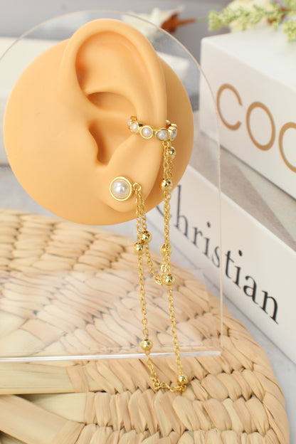 Pendientes tipo brazalete con perlas y cadena de doble uso
