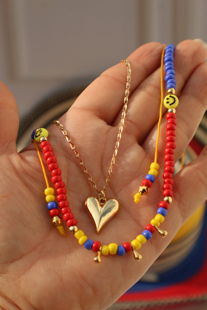 Double Colombian Necklace with Gold Heart Pendant | Handmade