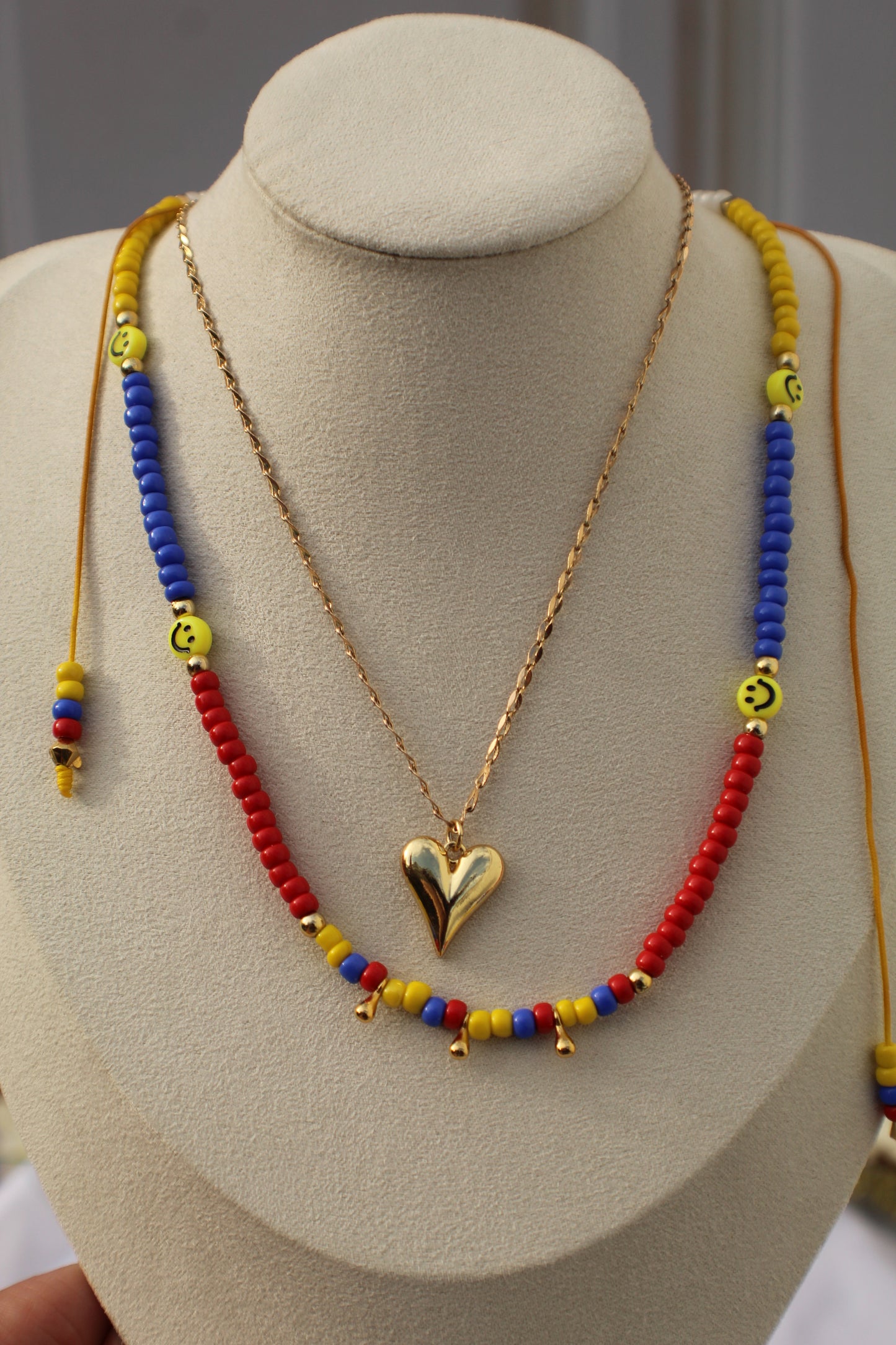 Double Colombian Necklace with Gold Heart Pendant | Handmade